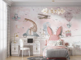 Tapet Personalizat Lumea Animalelor cu animale pe bicicleta mergand pe franghie cu cosulet de flori  - PINK FLOWER DELIVERY