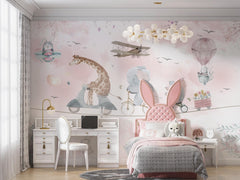 Tapet Personalizat Lumea Animalelor cu animale pe bicicleta mergand pe franghie cu cosulet de flori  - PINK FLOWER DELIVERY