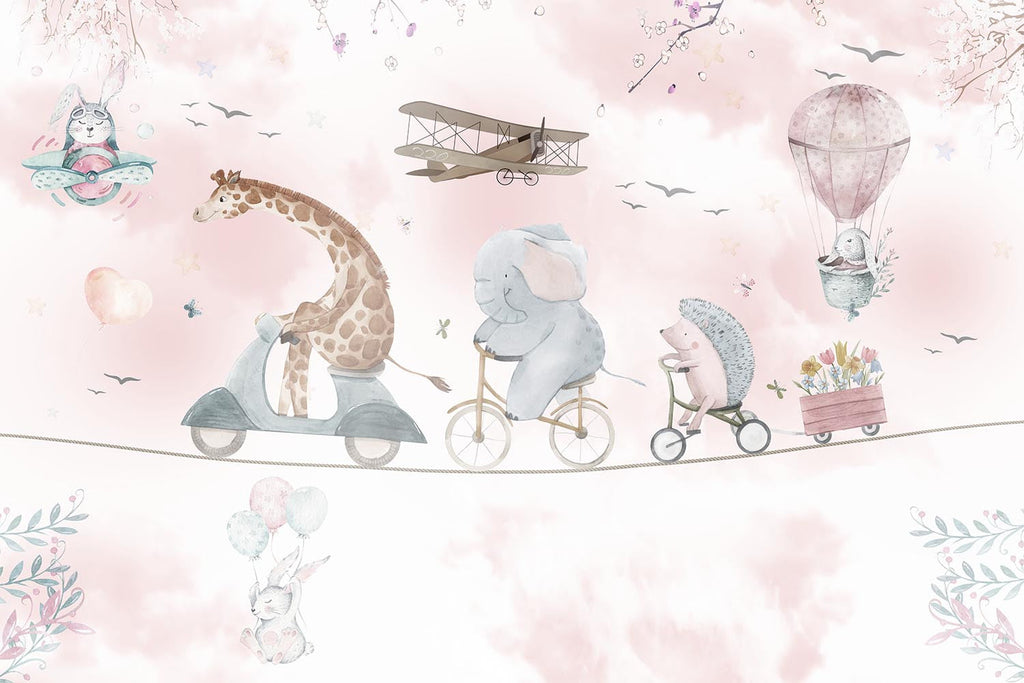 Tapet Personalizat Lumea Animalelor cu animale pe bicicleta mergand pe franghie cu cosulet de flori  - PINK FLOWER DELIVERY