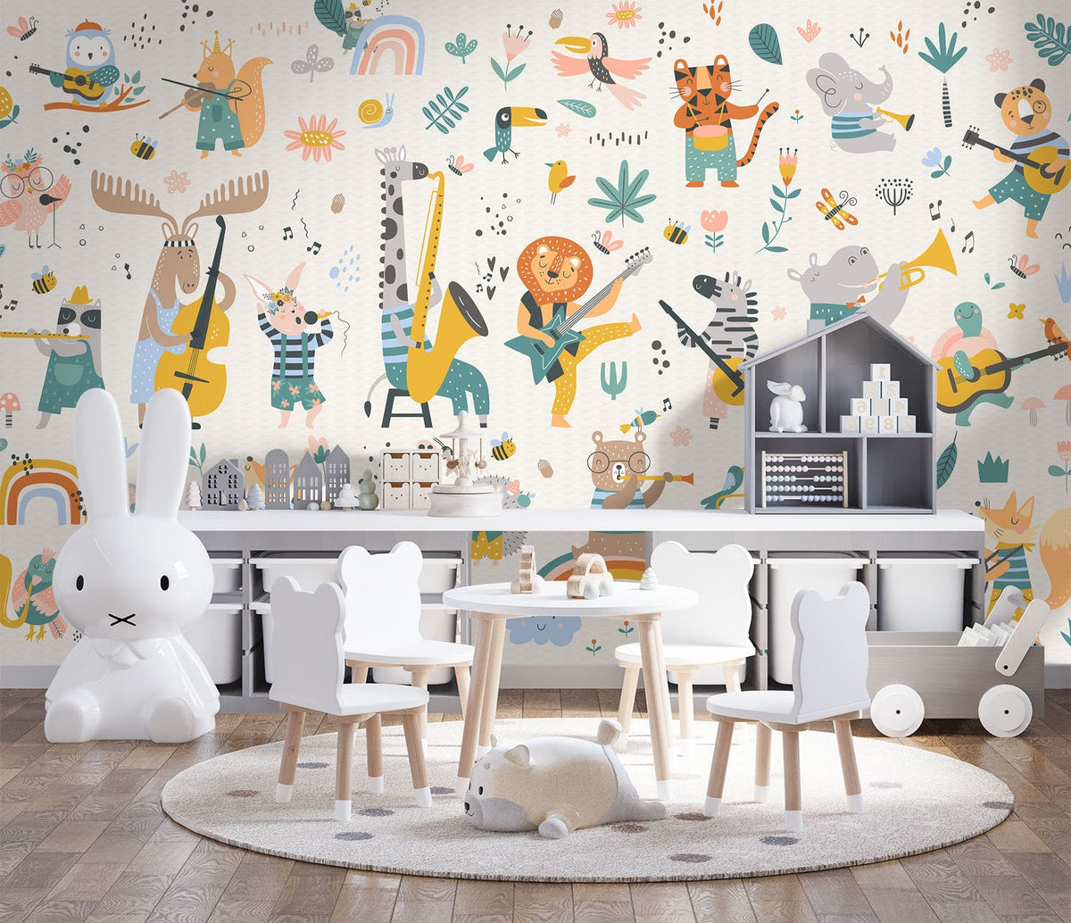 Tapet Personalizat Lumea Animalelor cu animale cantand la instrumente muzicale in ilustratie pattern  - ANIMAL'S BAND PATTERN