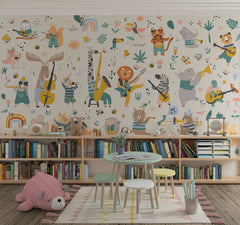 Tapet Personalizat Lumea Animalelor cu animale cantand la instrumente muzicale in ilustratie pattern  - ANIMAL'S BAND PATTERN