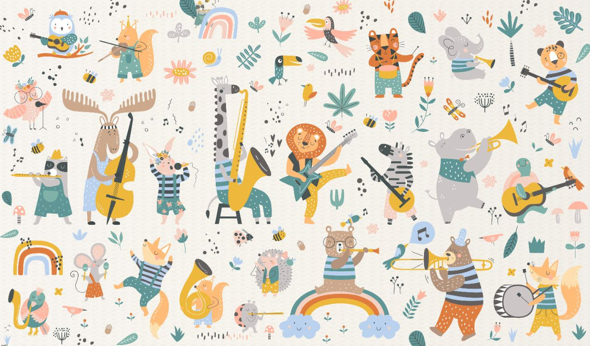 Tapet Personalizat Lumea Animalelor cu animale cantand la instrumente muzicale in ilustratie pattern  - ANIMAL'S BAND PATTERN