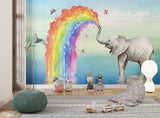 Tapet Personalizat Lumea Animalelor cu elefant si curcubeu curgator cu fluturi  - RAINBOW ELEPHANT