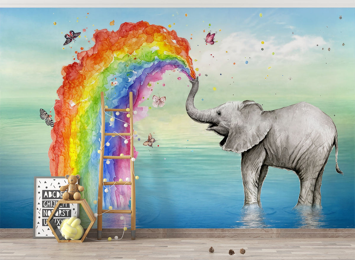 Tapet Personalizat Lumea Animalelor cu elefant si curcubeu curgator cu fluturi  - RAINBOW ELEPHANT