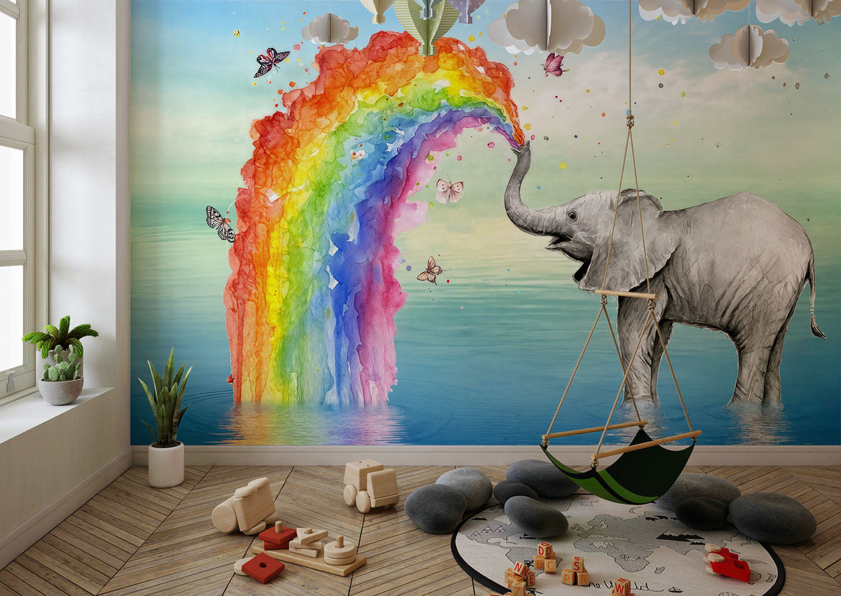 Tapet Personalizat Lumea Animalelor cu elefant si curcubeu curgator cu fluturi  - RAINBOW ELEPHANT
