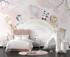 Tapet Personalizat Lumea Animalelor cu pui de animalute oe curcubeul roz pastel - PINK PASTEL RAINBOW