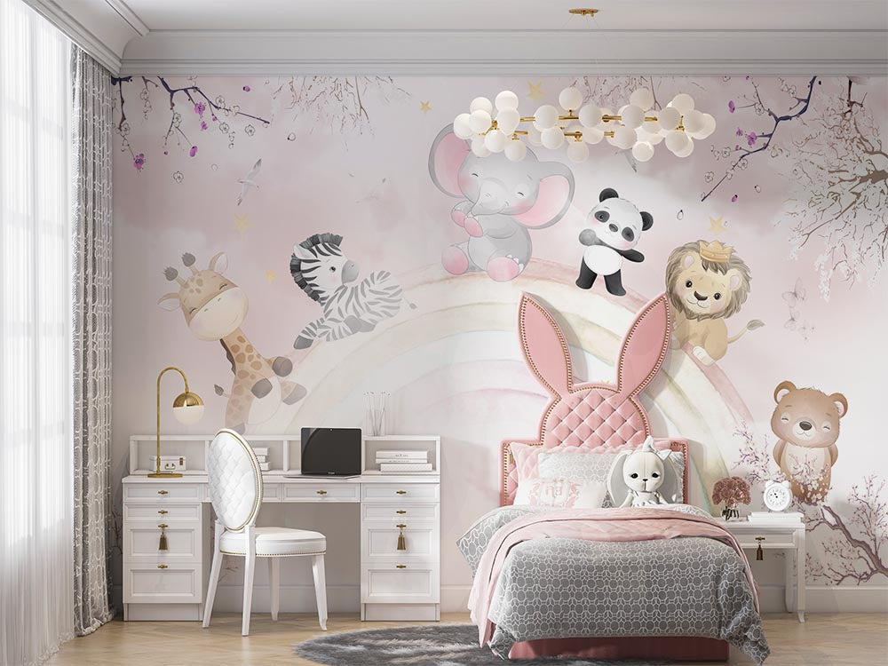 Tapet Personalizat Lumea Animalelor cu pui de animalute oe curcubeul roz pastel - PINK PASTEL RAINBOW