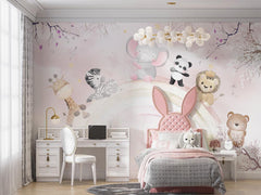Tapet Personalizat Lumea Animalelor cu pui de animalute oe curcubeul roz pastel - PINK PASTEL RAINBOW