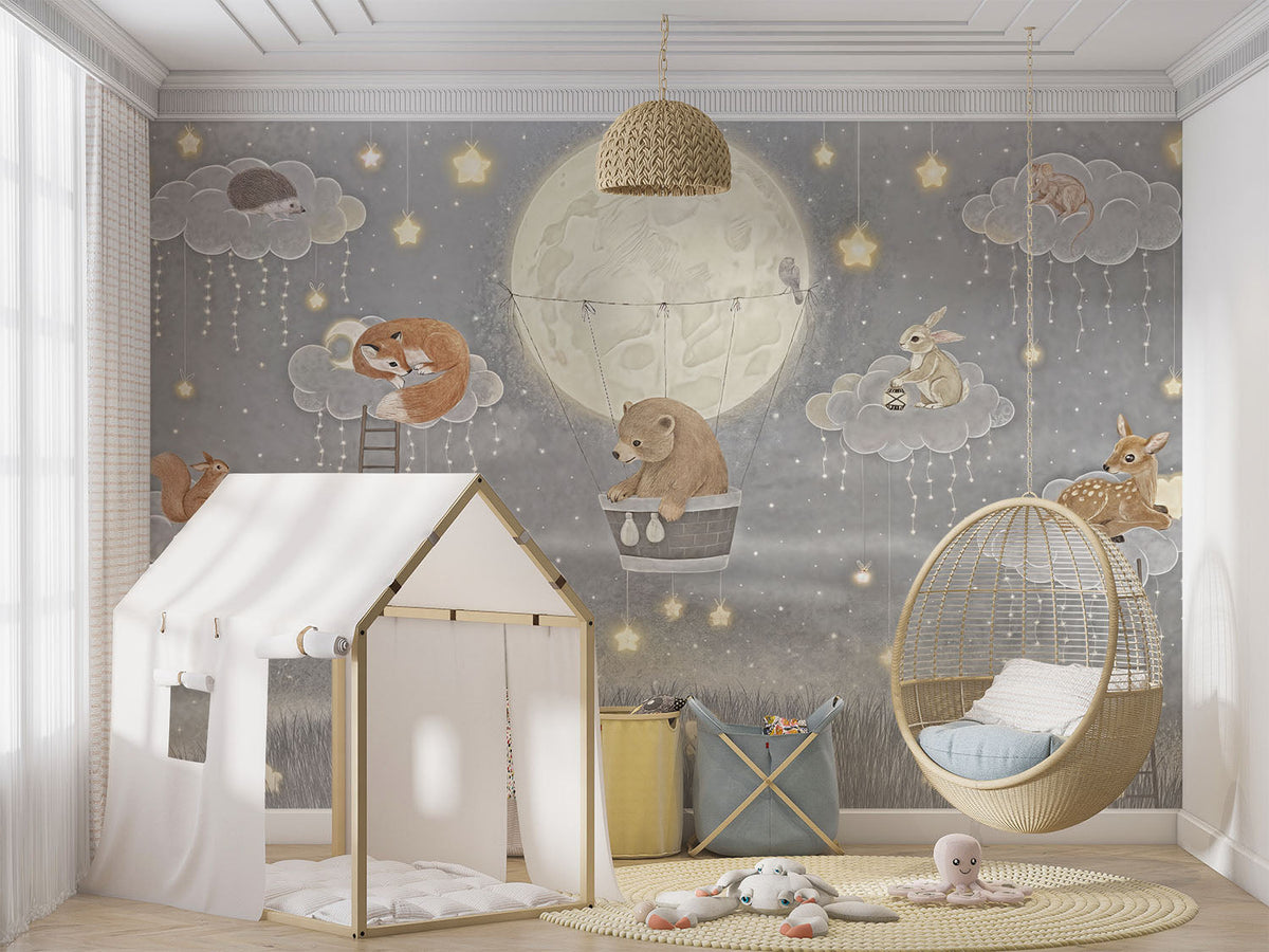 Tapet Personalizat Lumea Animalelor cu cer nocturn cu animalute si luminite - TWINKLE LIGHTS