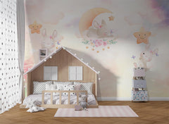 Tapet Personalizat Lumea Animalelor cu iepurasi dormind pe cerul multicolor - DREAMY BUNNIES