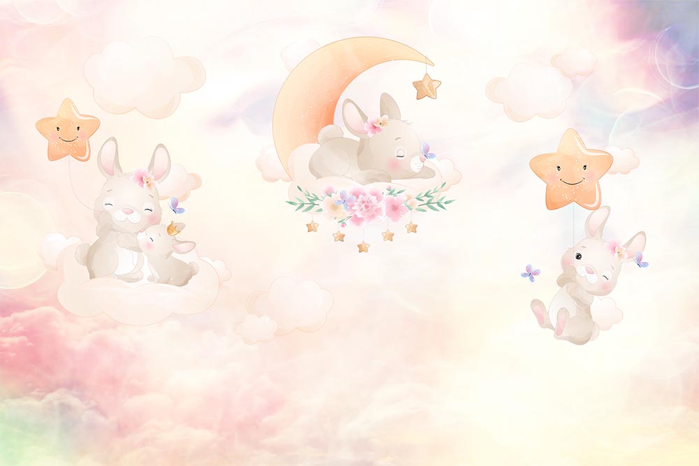 Tapet Personalizat Lumea Animalelor cu iepurasi dormind pe cerul multicolor - DREAMY BUNNIES
