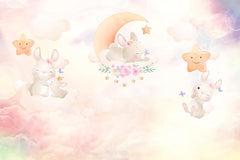 Tapet Personalizat Lumea Animalelor cu iepurasi dormind pe cerul multicolor - DREAMY BUNNIES