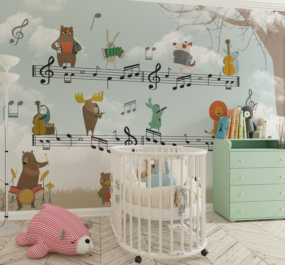 Tapet Personalizat Lumea Animalelor cu animale cantand pe portativ muzical  - MUZICAL HARMONY