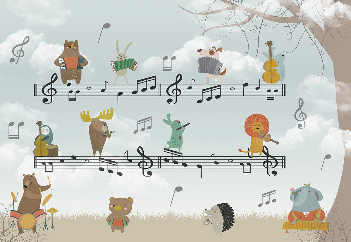 Tapet Personalizat Lumea Animalelor cu animale cantand pe portativ muzical  - MUZICAL HARMONY