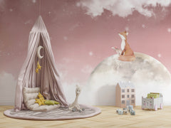 Tapet Personalizat Lumea Animalelor cu vulpea pe luna pe cerul roz instelat - MOON FOX GAZE