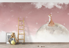 Tapet Personalizat Lumea Animalelor cu vulpea pe luna pe cerul roz instelat - MOON FOX GAZE