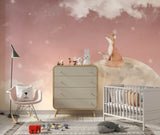 Tapet Personalizat Lumea Animalelor cu vulpea pe luna pe cerul roz instelat - MOON FOX GAZE