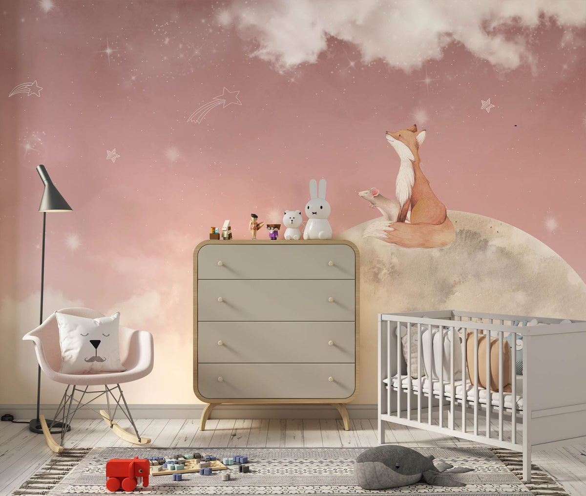 Tapet Personalizat Lumea Animalelor cu vulpea pe luna pe cerul roz instelat - MOON FOX GAZE