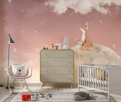 Tapet Personalizat Lumea Animalelor cu vulpea pe luna pe cerul roz instelat - MOON FOX GAZE