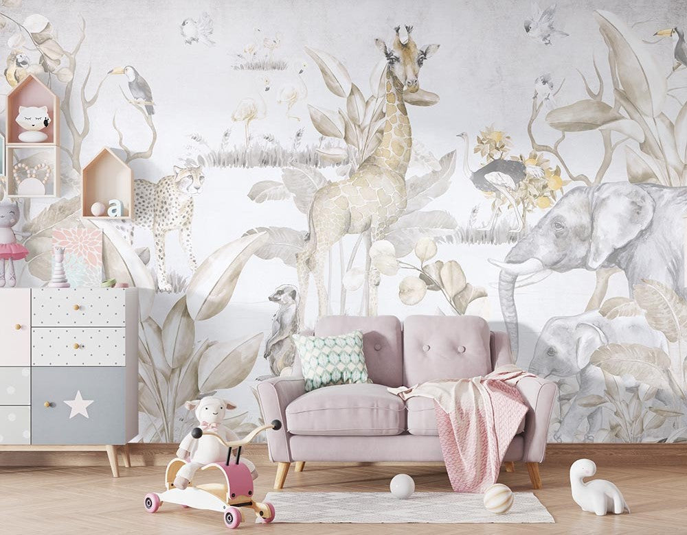 Tapet Personalizat Lumea Animalelor cu animale si vegetatie amazoniana in nuante bej aurii - SOFT JUNGLE