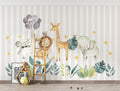 Tapet Personalizat Lumea Animalelor cu animalute, funze si baloane pe un fundal in dungi bej - STRIPED HAPPY ANIMALS