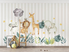 Tapet Personalizat Lumea Animalelor cu animalute, funze si baloane pe un fundal in dungi bej - STRIPED HAPPY ANIMALS