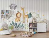 Tapet Personalizat Lumea Animalelor cu animalute, funze si baloane pe un fundal in dungi bej - STRIPED HAPPY ANIMALS