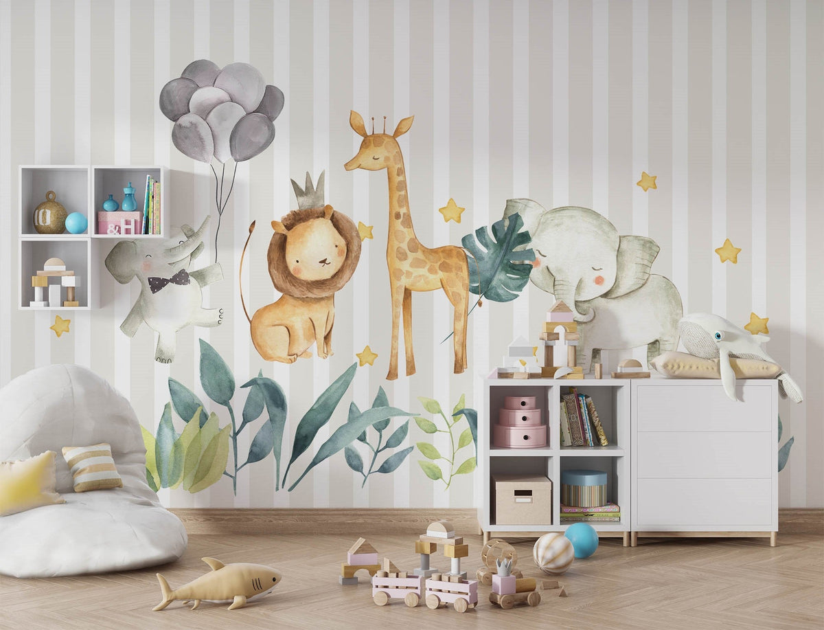Tapet Personalizat Lumea Animalelor cu animalute, funze si baloane pe un fundal in dungi bej - STRIPED HAPPY ANIMALS