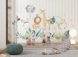 Tapet Personalizat Lumea Animalelor cu animalute, funze si baloane pe un fundal in dungi bej - STRIPED HAPPY ANIMALS