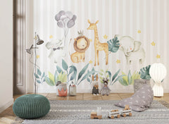Tapet Personalizat Lumea Animalelor cu animalute, funze si baloane pe un fundal in dungi bej - STRIPED HAPPY ANIMALS