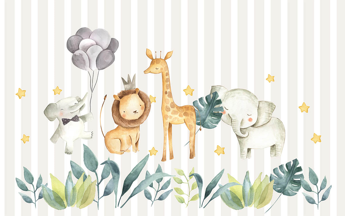 Tapet Personalizat Lumea Animalelor cu animalute, funze si baloane pe un fundal in dungi bej - STRIPED HAPPY ANIMALS