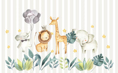 Tapet Personalizat Lumea Animalelor cu animalute, funze si baloane pe un fundal in dungi bej - STRIPED HAPPY ANIMALS
