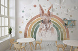 Tapet Personalizat Lumea Animalelor cu iepure in curcubeu in nuante pamantii pastel in stil watercolor - RAINBOW BUNNY