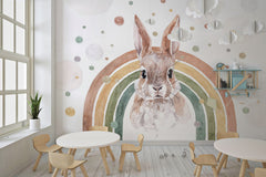 Tapet Personalizat Lumea Animalelor cu iepure in curcubeu in nuante pamantii pastel in stil watercolor - RAINBOW BUNNY