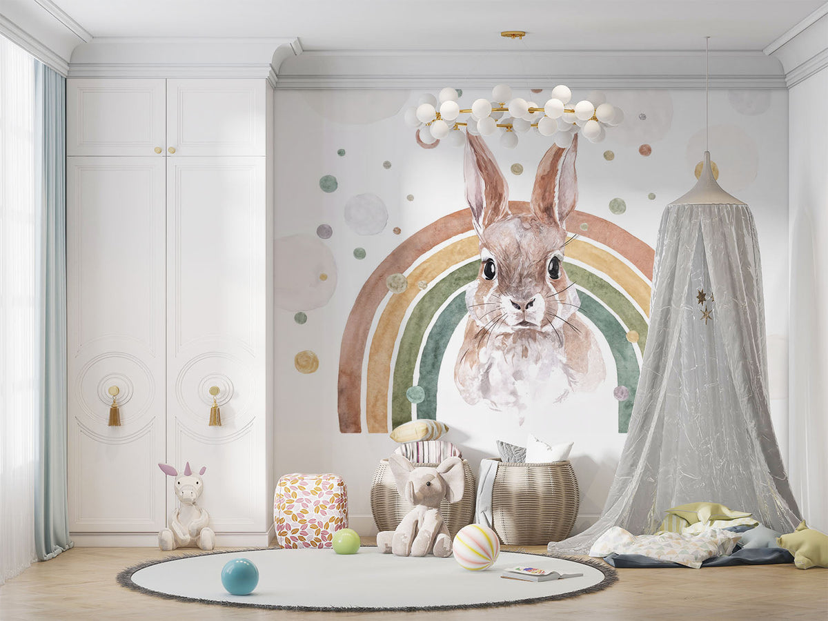 Tapet Personalizat Lumea Animalelor cu iepure in curcubeu in nuante pamantii pastel in stil watercolor - RAINBOW BUNNY