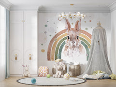 Tapet Personalizat Lumea Animalelor cu iepure in curcubeu in nuante pamantii pastel in stil watercolor - RAINBOW BUNNY