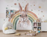 Tapet Personalizat Lumea Animalelor cu iepure in curcubeu in nuante pamantii pastel in stil watercolor - RAINBOW BUNNY