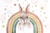 Tapet Personalizat Lumea Animalelor cu iepure in curcubeu in nuante pamantii pastel in stil watercolor - RAINBOW BUNNY