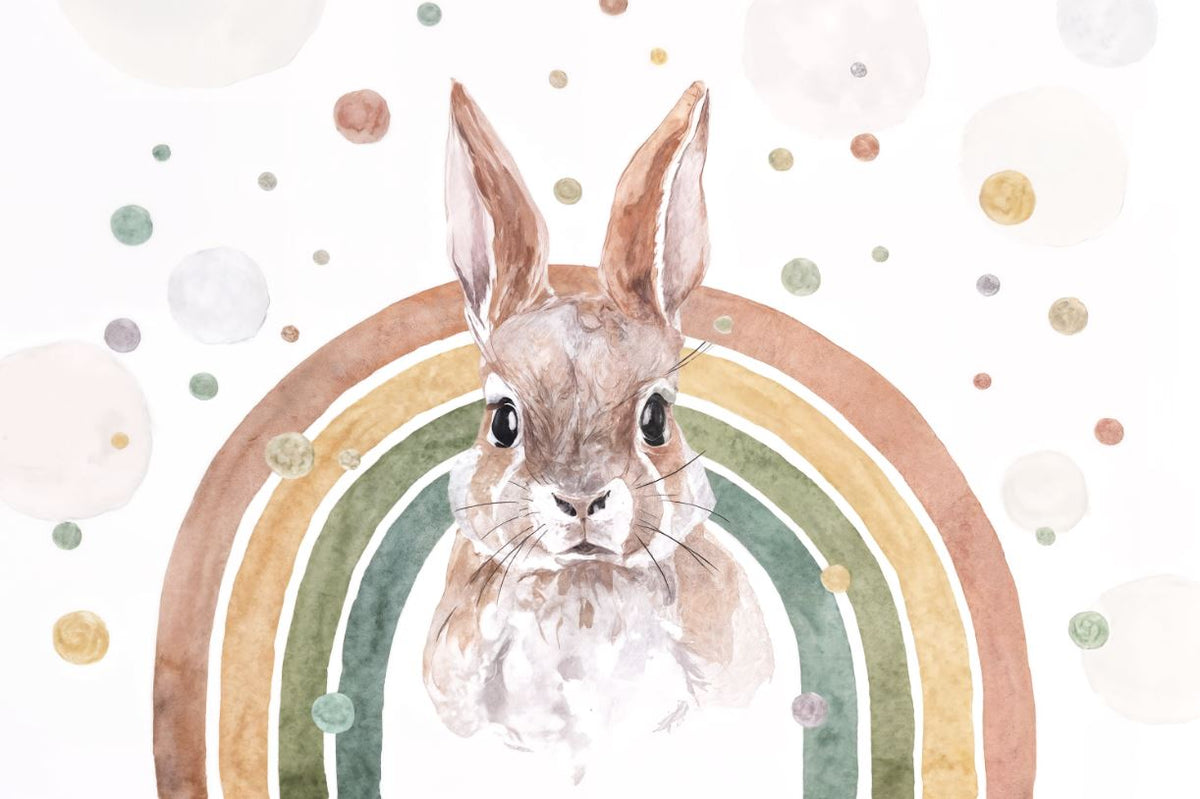 Tapet Personalizat Lumea Animalelor cu iepure in curcubeu in nuante pamantii pastel in stil watercolor - RAINBOW BUNNY