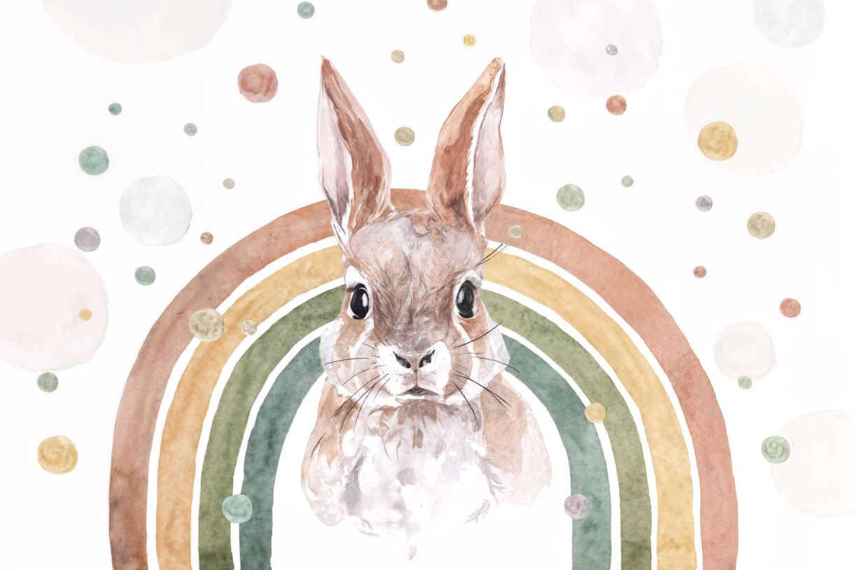 Tapet Personalizat Lumea Animalelor cu iepure in curcubeu in nuante pamantii pastel in stil watercolor - RAINBOW BUNNY