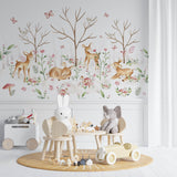Tapet Personalizat Lumea Animalelor cu padure de caprioare si fluturi  - BABY DEERS FOREST