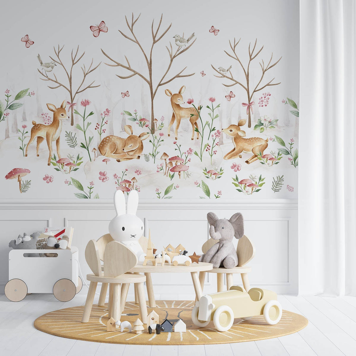 Tapet Personalizat Lumea Animalelor cu padure de caprioare si fluturi  - BABY DEERS FOREST