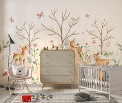 Tapet Personalizat Lumea Animalelor cu padure de caprioare si fluturi  - BABY DEERS FOREST