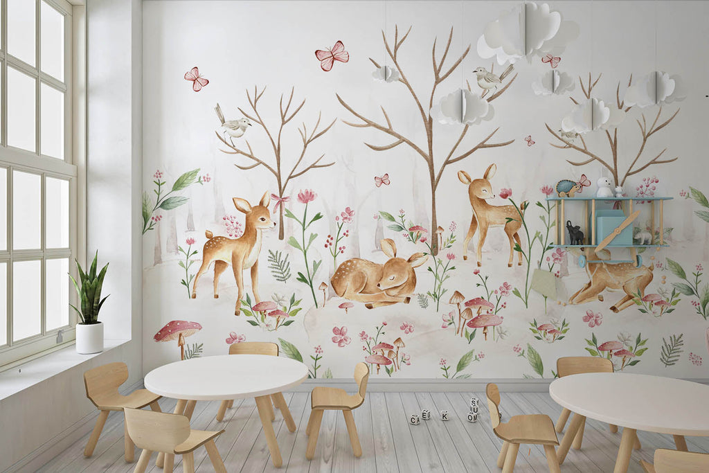 Tapet Personalizat Lumea Animalelor cu padure de caprioare si fluturi  - BABY DEERS FOREST