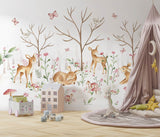 Tapet Personalizat Lumea Animalelor cu padure de caprioare si fluturi  - BABY DEERS FOREST