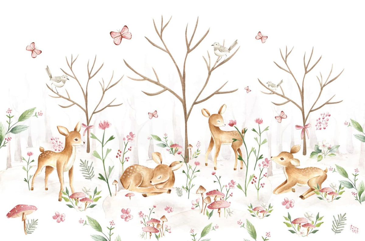 Tapet Personalizat Lumea Animalelor cu padure de caprioare si fluturi  - BABY DEERS FOREST