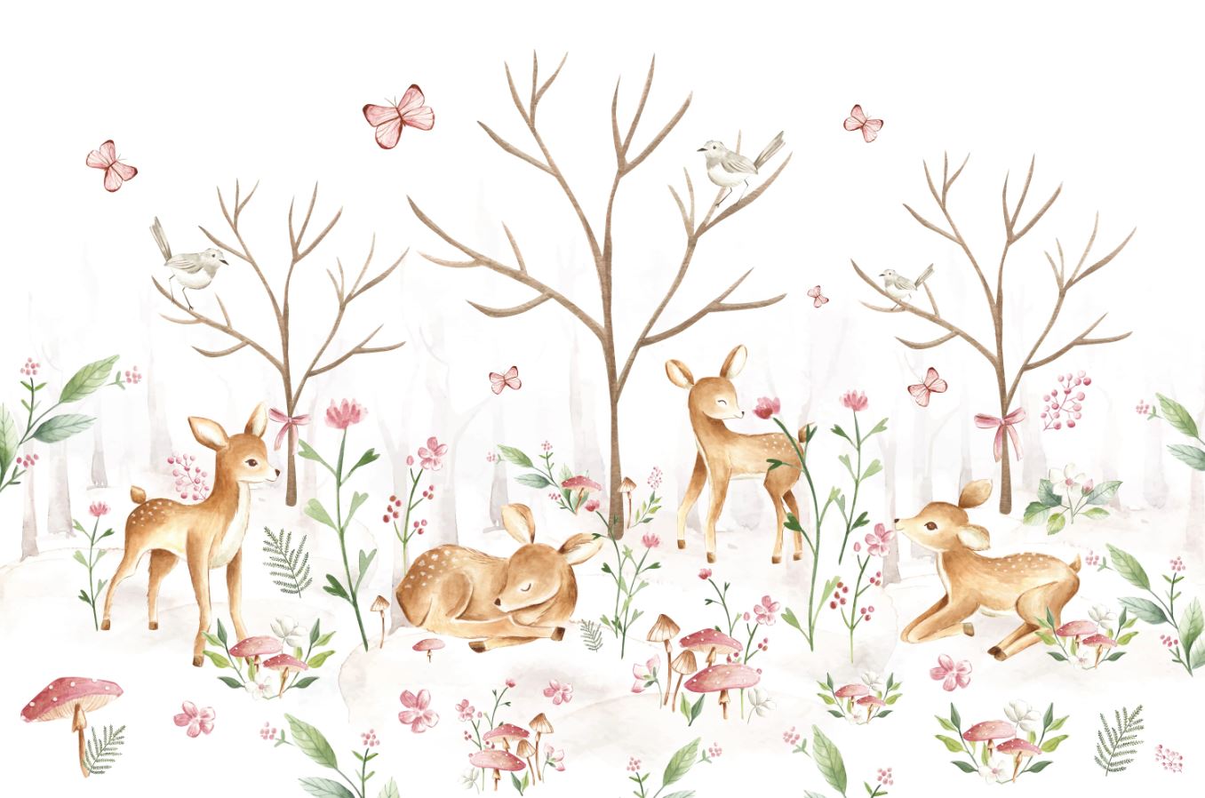 Tapet Personalizat Lumea Animalelor cu padure de caprioare si fluturi  - BABY DEERS FOREST