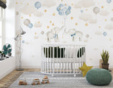 Tapet Personalizat Lumea Animalelor cu elefanti cu baloane albastre pe cerul instelat cu nori - BABY BLUE ELEPHANTS