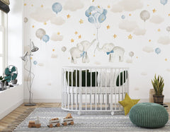 Tapet Personalizat Lumea Animalelor cu elefanti cu baloane albastre pe cerul instelat cu nori - BABY BLUE ELEPHANTS