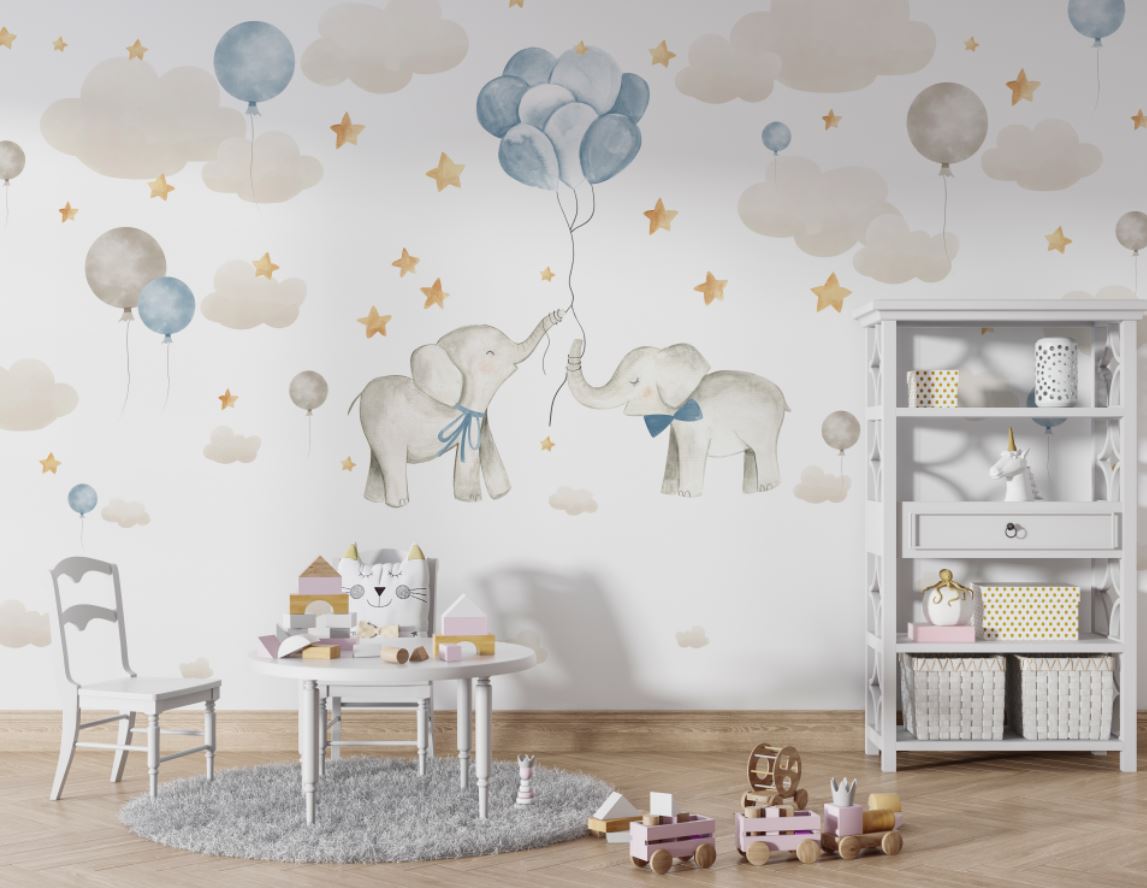 Tapet Personalizat Lumea Animalelor cu elefanti cu baloane albastre pe cerul instelat cu nori - BABY BLUE ELEPHANTS